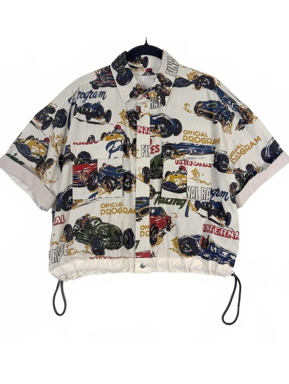 Women's Sacai Ivory/Multicolor Vintage Car Race Print Short Sleeve Shirt Size 2